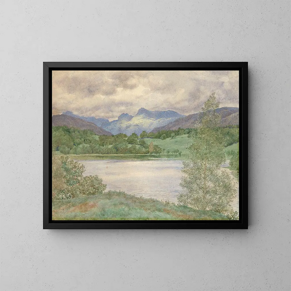 Loughrigg Tarn ja Langdale Pikes, Westmorland - Henry James Holiday — kehystetty taideteos seinällä
