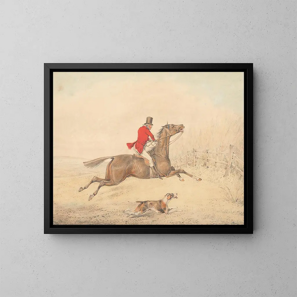 Cavalier sur un cheval brun s'apprêtant à sauter une clôture à droite - Henry Thomas Alken — kehystetty taideteos seinällä