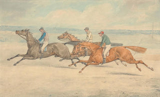 Henry Thomas Alken - Three Racehorses with Jockeys Up Galloping in a Group to Left.webp