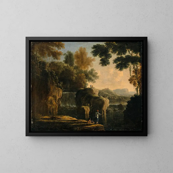 Cascade avec des pêcheurs - Herman van Swanevelt — kehystetty taideteos seinällä