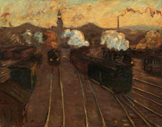 Hermann Pleuer - Vor den Einfahrtshallen des Alten Stuttgarter Bahnhofs.webp