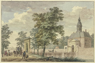Hermanus Numan - Stadttor mit Trmchen im Sommer eine lange Brcke fhrt ber den Kanal nach einer Allee in der eine Equipage fhrt.webp