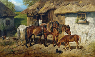 Hermine BiedermannArendts - Angeschirrte Pferde am Stallgebude.webp
