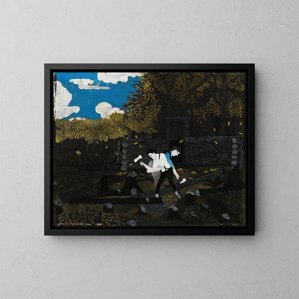 Abraham Lincoln ja hänen isänsä rakentamassa mökkiään Pigeon Creekillä - Horace Pippin — kehystetty taideteos seinällä