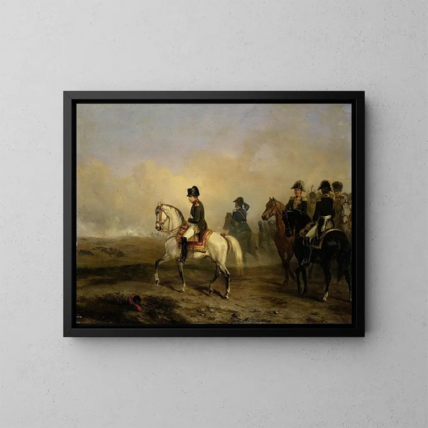 Keisari Napoleon I ja hänen esikuntansa ratsain - Horace Vernet — kehystetty taideteos seinällä