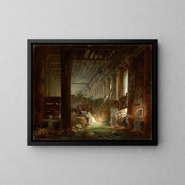 Un erakko rukoilee roomalaisen temppelin raunioissa - Hubert Robert — kehystetty taideteos seinällä