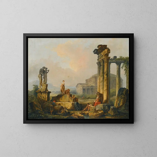 Maisema paimenineen ja lampaineen muinaisten raunioiden keskellä, Castorin ja Polydeukesin veistoksen sekä Panthenonin taustalla - Hubert Robert — kehystetty taideteos seinällä