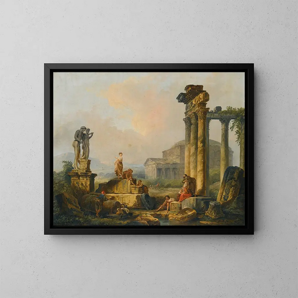 Maisema paimenineen ja lampaineen muinaisten raunioiden keskellä, Castorin ja Polydeukesin veistoksen sekä Panthenonin taustalla - Hubert Robert — kehystetty taideteos seinällä
