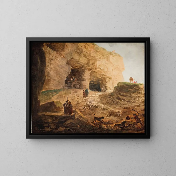 "Une carrière avec un troupeau de moutons" - Hubert Robert — kehystetty taideteos seinällä