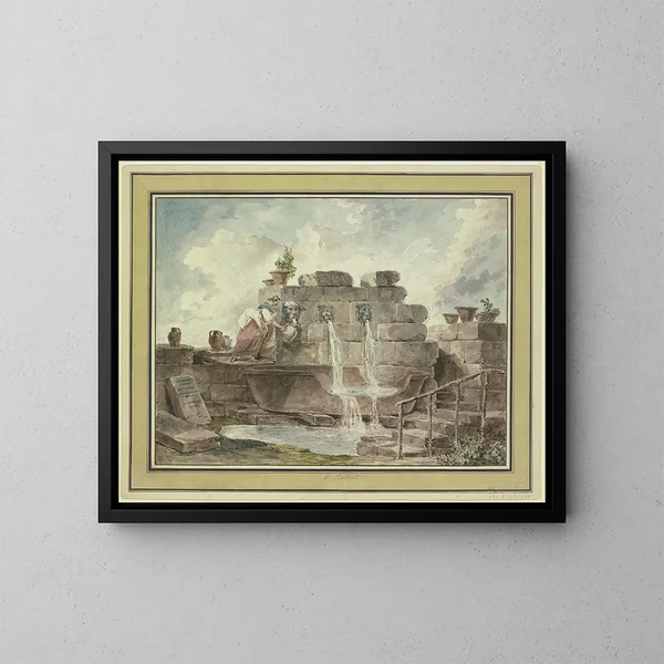 Yksi roomalainen suihkulähde naisen keräämässä vettä - Hubert Robert — kehystetty taideteos seinällä