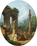 Un caprice d'une arcade classique et d'une colonne avec des personnages conversant devant une statue - Hubert Robert — näkymä teoksesta