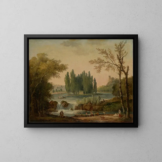 Näkymä Ermenonville-puistosta Jean-Jacques Rousseau'n haudalla ja Filosofian temppelillä - Hubert Robert — kehystetty taideteos seinällä