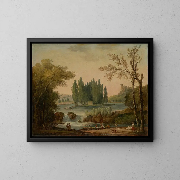 Näkymä Ermenonville-puistosta Jean-Jacques Rousseau'n haudalla ja Filosofian temppelillä - Hubert Robert — kehystetty taideteos seinällä