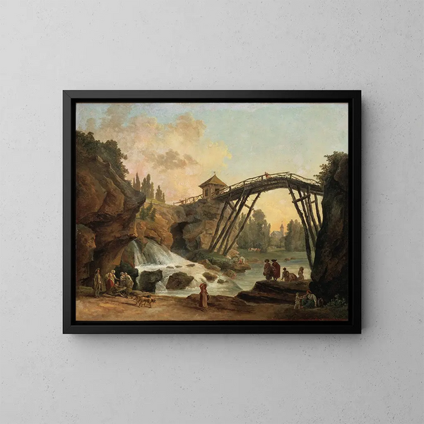 Piirtäjä piirtämässä puusiltaa Mrville-puistossa - Hubert Robert — kehystetty taideteos seinällä