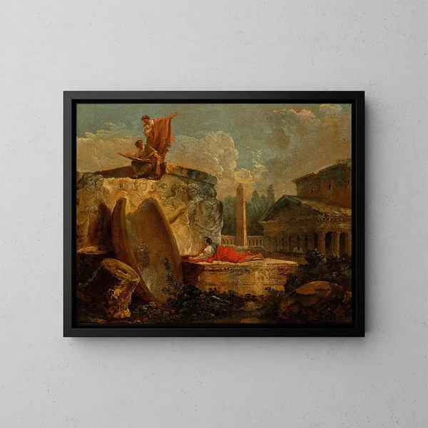 Piirtäjät maisemassa antiikin raunioiden kanssa - Hubert Robert — kehystetty taideteos seinällä