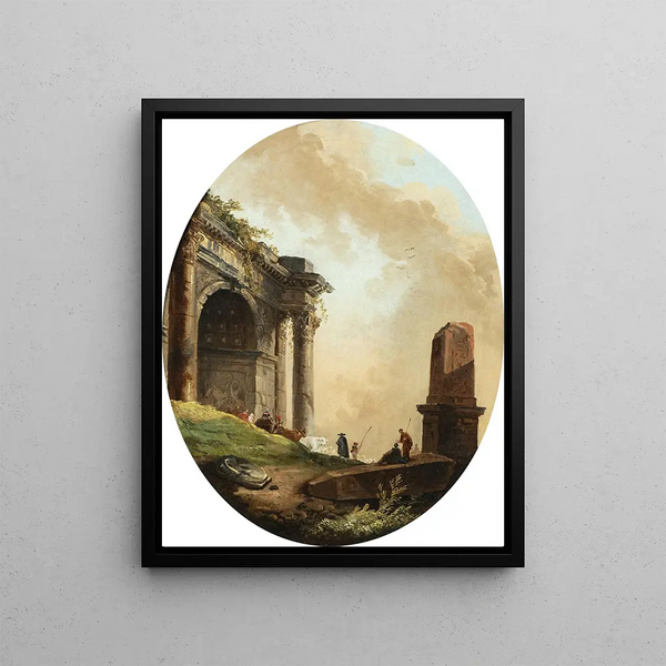 Laulavat paimenet ja heidän karjansa arkin ja raunioituneen obeliskin edessä - Hubert Robert — kehystetty taideteos seinällä