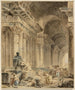 Galerie à colonnes voûtées avec statue antique assise - Hubert Robert — näkymä teoksesta