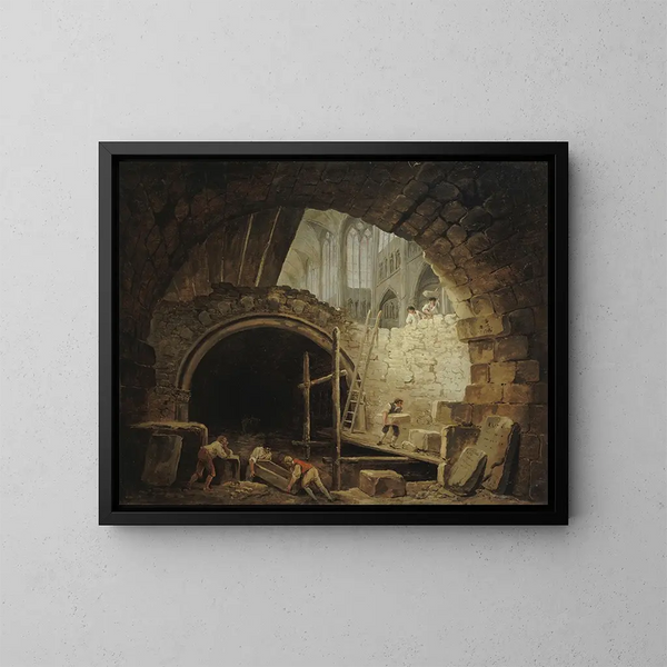 La violation des caveaux des rois dans la basilique de Saint-Denis en octobre 1793 - Hubert Robert — kehystetty taideteos seinällä