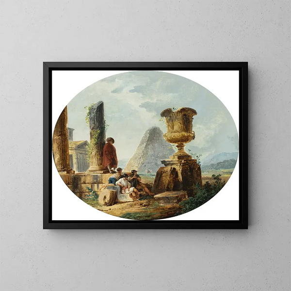 Maisema sotilaiden ja pyramidin kanssa - Hubert Robert — kehystetty taideteos seinällä