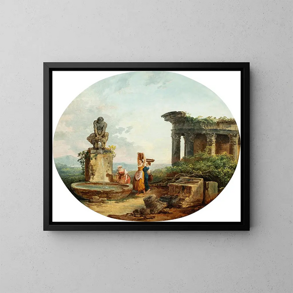 Maisema pesijöistä suihkulähteellä - Hubert Robert — kehystetty taideteos seinällä