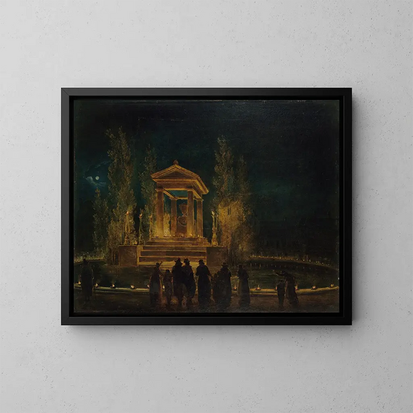 Jean-Jacques Rousseau'n väliaikaisesta mausoleumista Tuileriesin altaalla ennen hänen tuhkiensa siirtämistä Panthéoniin, yönä 10. ja 11. lokakuuta 1794 - Hubert Robert — kehystetty taideteos seinällä