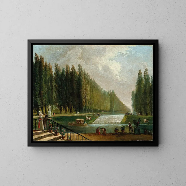 Le parc d'une villa de campagne avec des personnages se promenant près d'une cascade d'eau - Hubert Robert — kehystetty taideteos seinällä