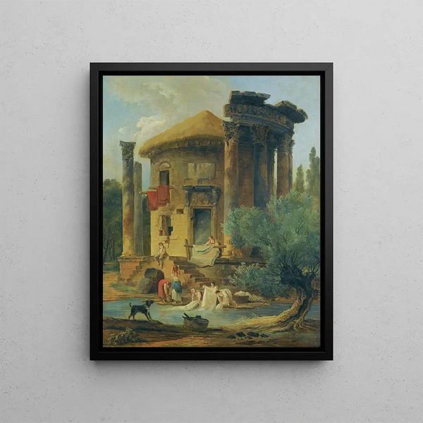 Lavandières au bord d'une rivière sous un temple circulaire en ruine - Hubert Robert — kehystetty taideteos seinällä