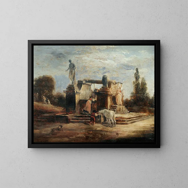 pesijättäristä lähteellä - Hubert Robert — kehystetty taideteos seinällä