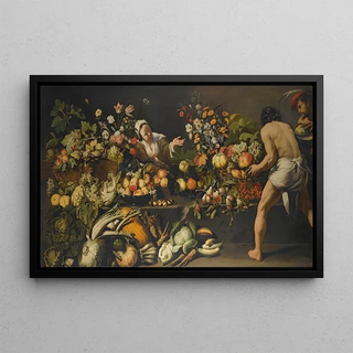 ItaloFlemish School - An Interior With Fruits Vegetables And Flowers Arranged Over A Table And The Floor With A Woman And Two Men.webp