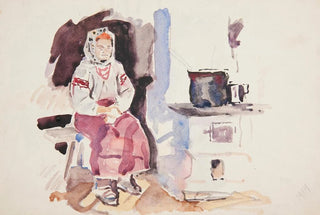 Ivan Ivanec - Wieniaczka w haftowanej biaej bluzce i w koralach siedzca w kuchni przy piecu.webp