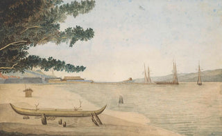 J G van der Does - Gezicht op een Nederlandse nederzetting met fort en haven in Indonesi.webp