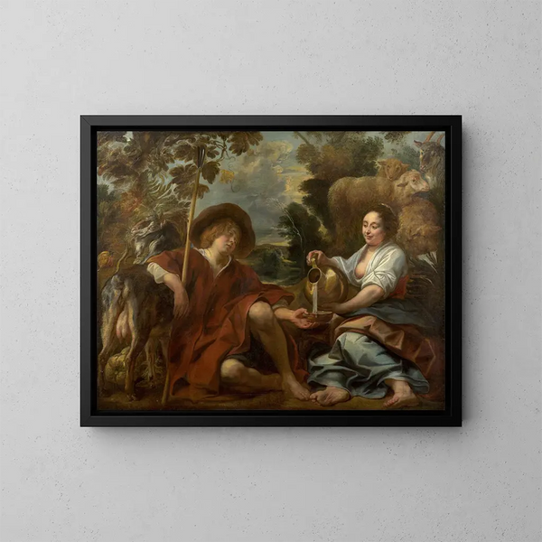 Bergère versant du lait à un berger - Jacob Jordaens — kehystetty taideteos seinällä
