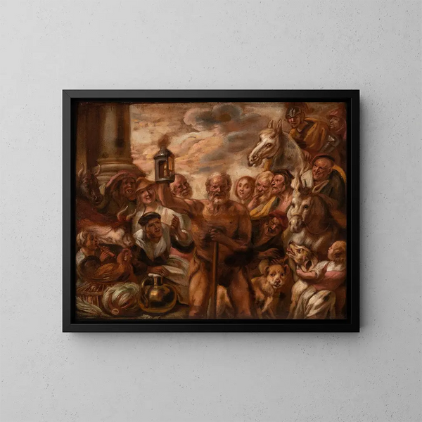 Diogène etsii rehellistä miestä - Jacob Jordaens — kehystetty taideteos seinällä