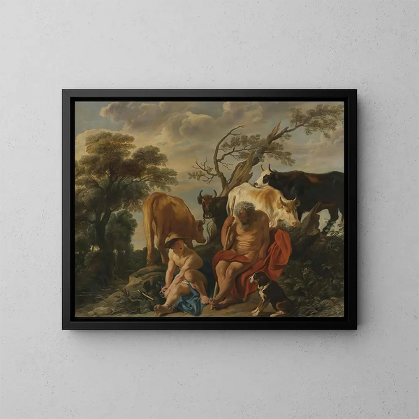 Merkurius ja Argus - Jacob Jordaens — kehystetty taideteos seinällä