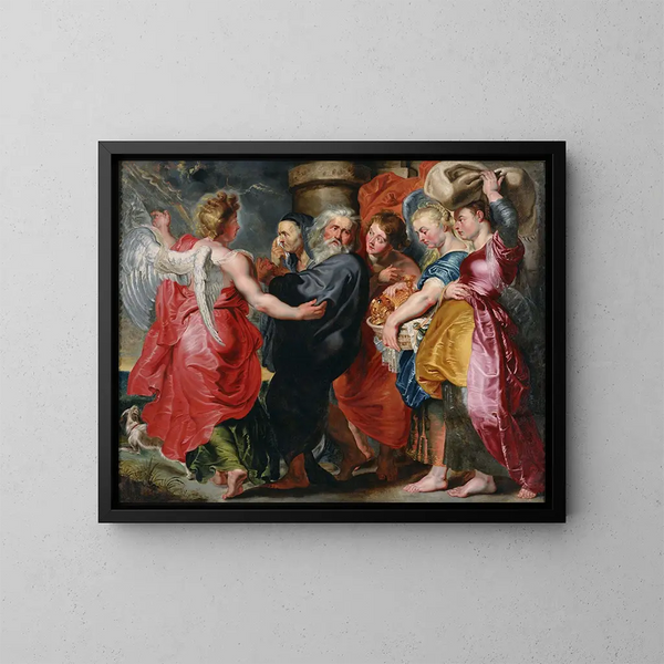 La fuite de Lot et de sa famille de Sodome - Jacob Jordaens — kehystetty taideteos seinällä