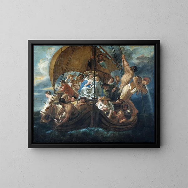 La Sainte Famille avec divers personnages et animaux dans une barque - Jacob Jordaens — kehystetty taideteos seinällä