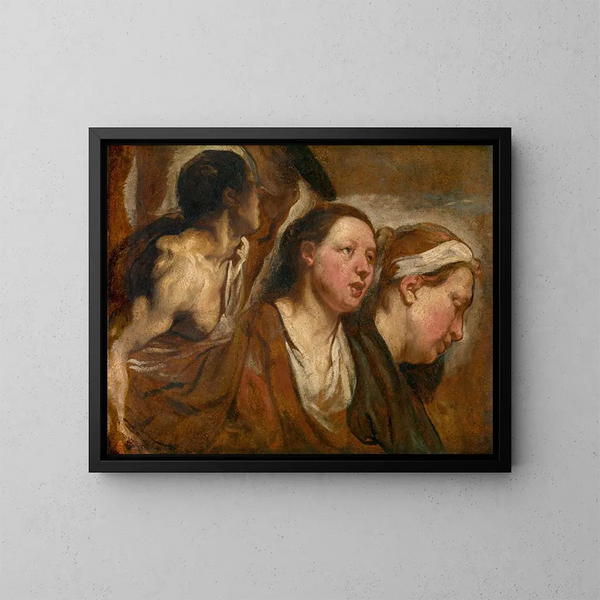 Kaksi naisten päätä ja soturin rintakehästä - Jacob Jordaens — kehystetty taideteos seinällä