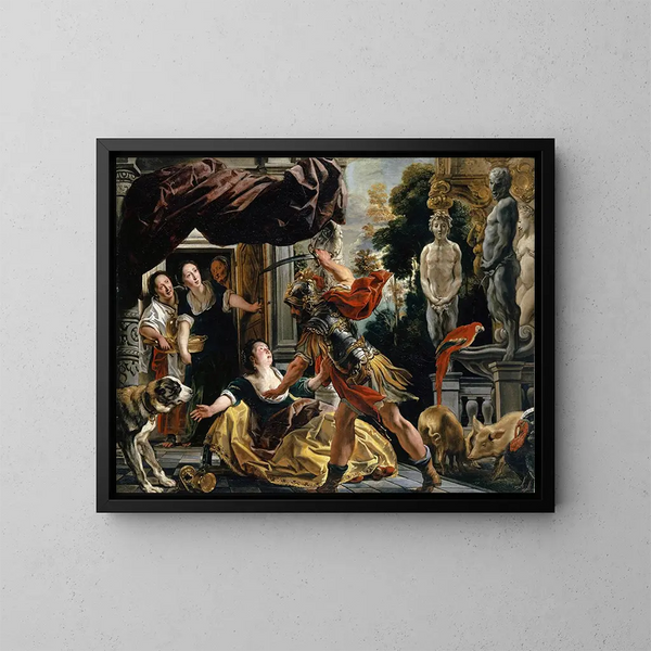 Ulysse mena threatening Circe - Jacob Jordaens — kehystetty taideteos seinällä