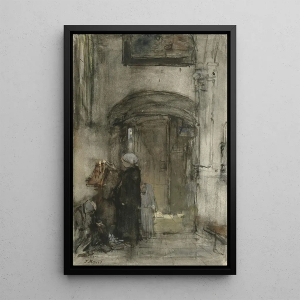 Jacob Maris - Vissersvrouw met haar dochtertje als bruidje steekt een kerkkaars aan.webp