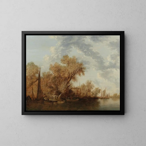 Joki maisema lavoilla - Jacob Salomonsz van Ruysdael — kehystetty taideteos seinällä