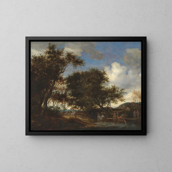 Maisema matkailijoiden juottaessa hevosiaan - Jacob Salomonsz van Ruysdael — kehystetty taideteos seinällä