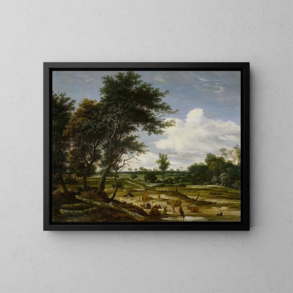 maisemasta lampaiden ja karjan kanssa - Jacob Salomonsz van Ruysdael — kehystetty taideteos seinällä