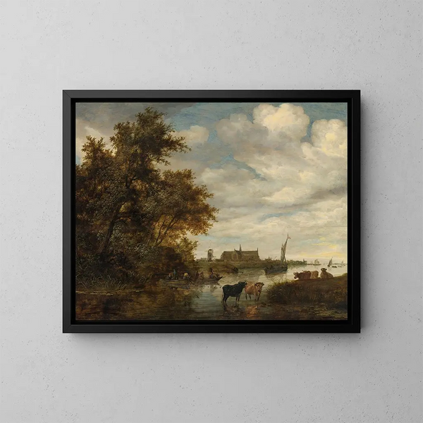 jokimaisemasta kalastajien ja karjan kanssa, kaukana Grote Kerk -kirkko Alkmaarissa - Jacob Salomonsz van Ruysdael — kehystetty taideteos seinällä