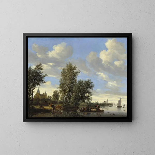 jokilaaksosta jaankkiveneellä - Jacob Salomonsz van Ruysdael — kehystetty taideteos seinällä