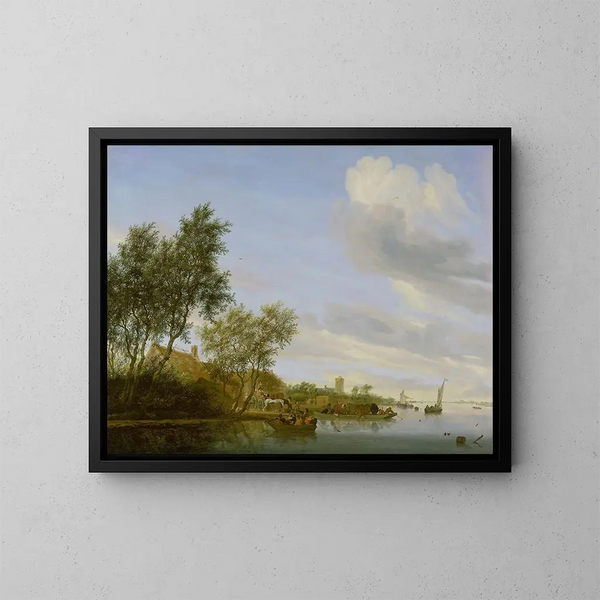 maisemasta joen varrella ja laiturista - Jacob Salomonsz van Ruysdael — kehystetty taideteos seinällä