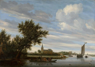 Jacob Salomonsz van Ruysdael - River View with Church and Ferry.webp