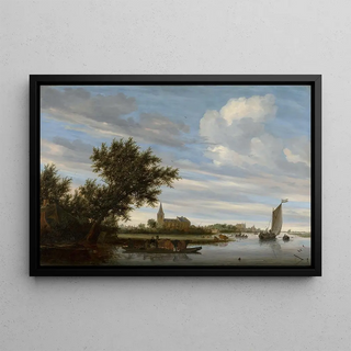 Jacob Salomonsz van Ruysdael - River View with Church and Ferry.webp