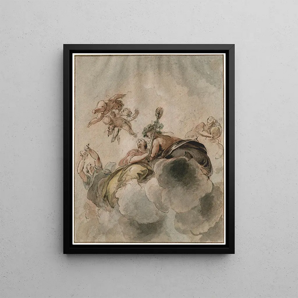 Bacchantes ja putti pilvien keskellä - Jacob de Wit — kehystetty taideteos seinällä