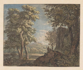 Jacob van Liender - Arcadisch landschap met antiek bouwval en twee mannen.webp
