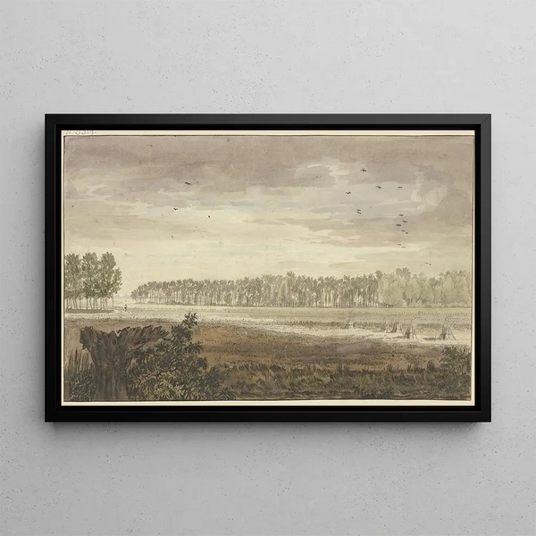 Jacob van Liender - Landschaft im Hintergrunde ein langes Wldchen vorne Felder mit einigen Fruchtgarben.webp